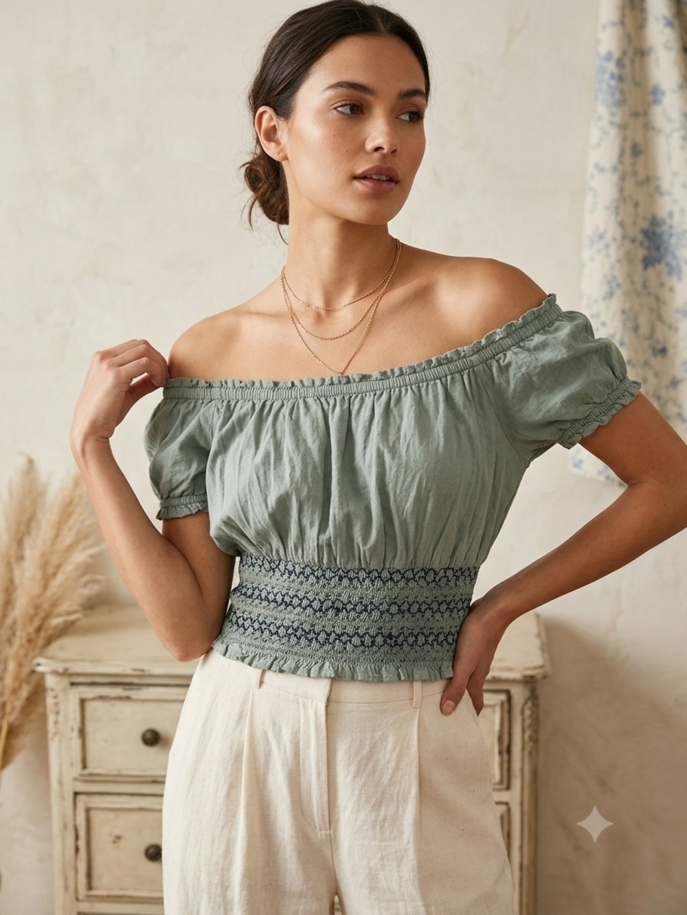 Cotton On Sage Green Smocked Off-Shoulder Crop Top
